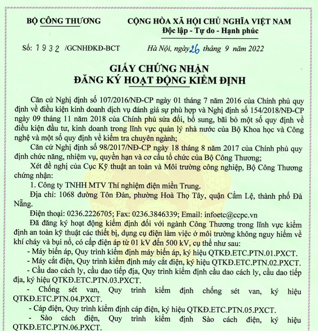 Chứng nhận hoạt động kiểm định